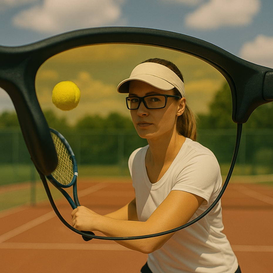 Blick durch Sportbrillenglas: Frau beim Tennisspielen.